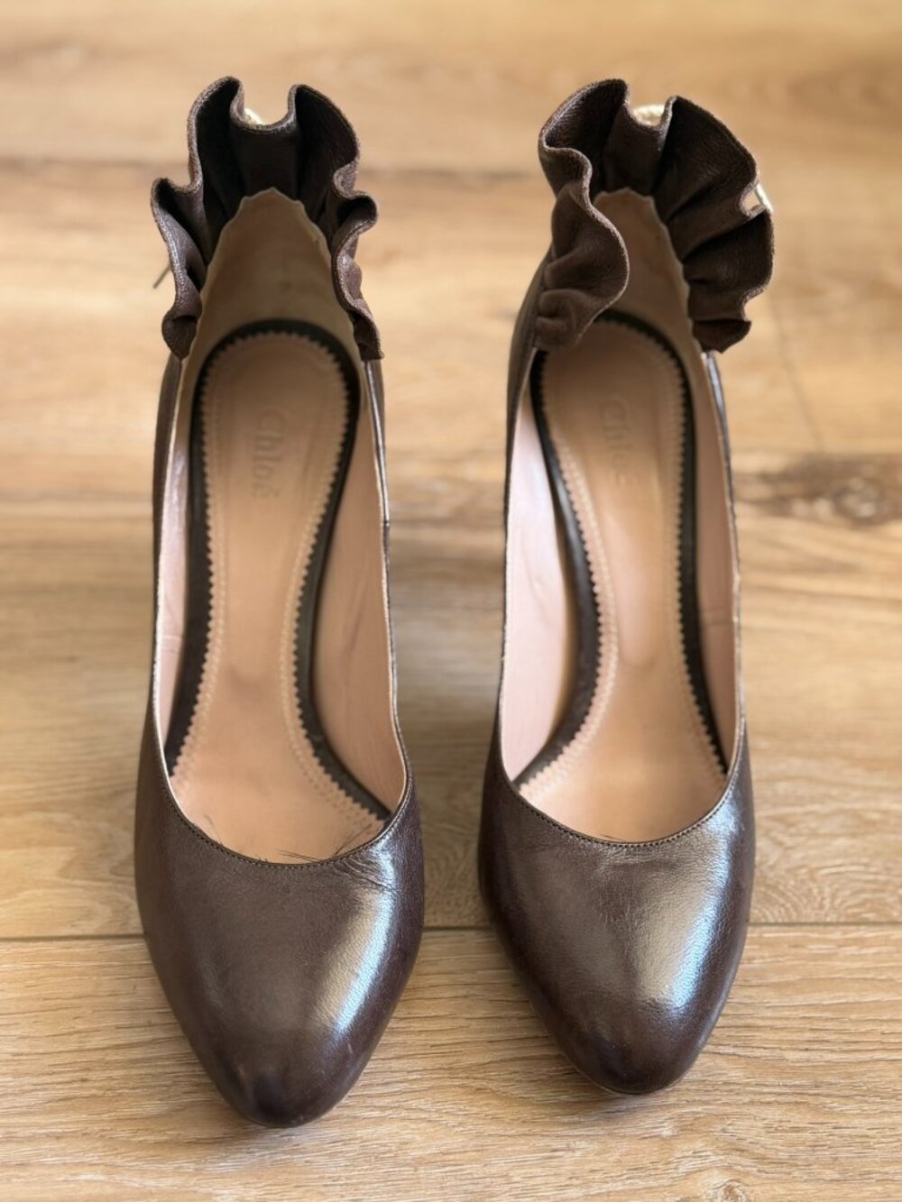 Chloe Ruffle-Back Heels, Size 40